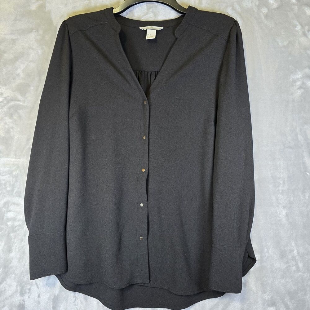 H&M Blouse Top Womens 14 L Black Gold Snap Close Workwear